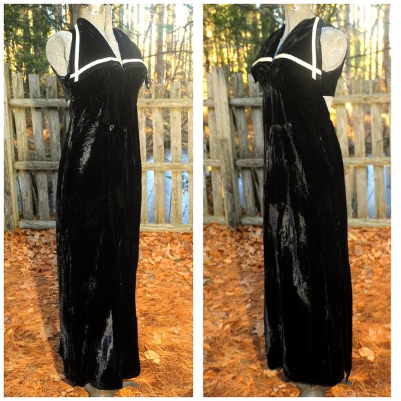 VTG 60s Black Velvet Maxi Dress ILGWU Sailor Collar Cut-Out Back Empire Waist XS - Picture 5 of 8